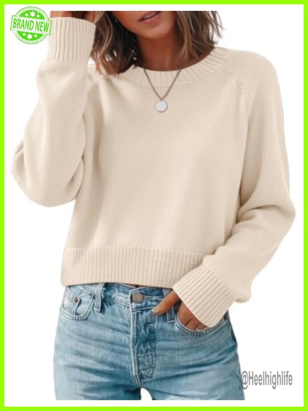 Cropped Crewneck Sweater Soft Knit Long Sleeve Pullover